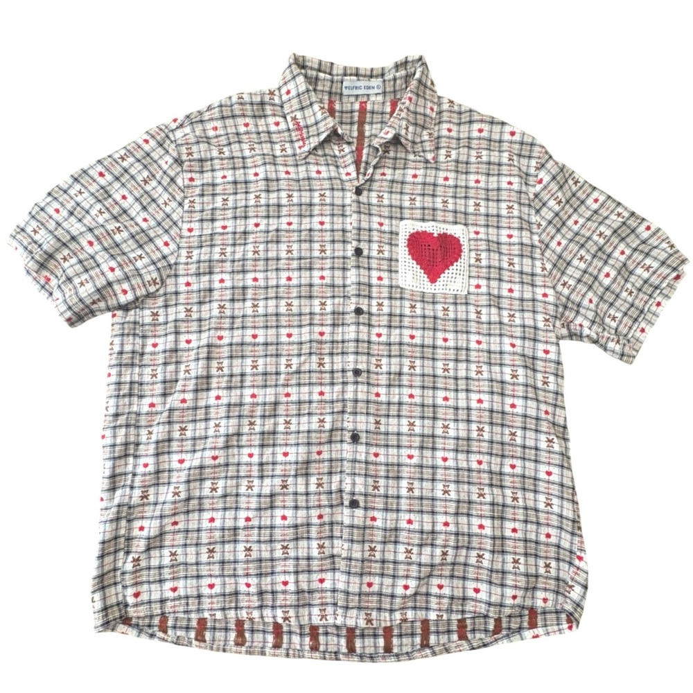 Aelfric Eden Plaid Short Sleeve Button Up Shirt Crochet Heart Teddy Bear Mens XL